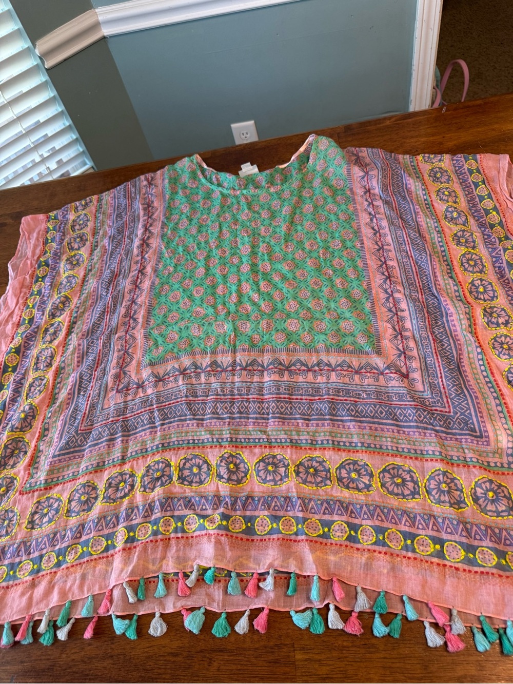 Ivy Jane Boho Printed Tassel Poncho Top Pink Green Blouse one size